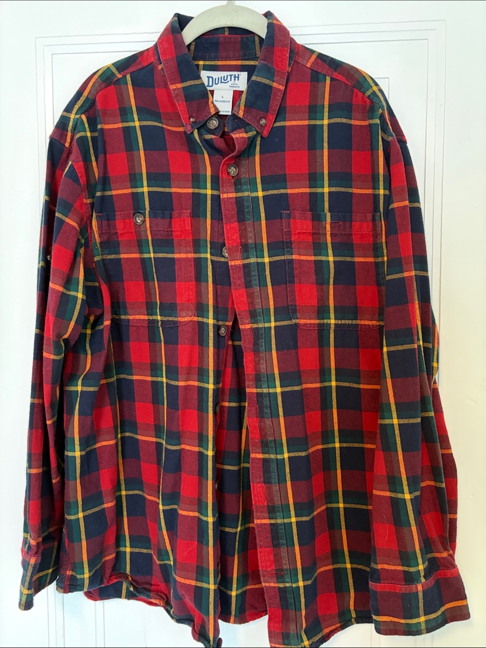 Duluth Trading Co Red and Green Plaid Button-Down Shirt